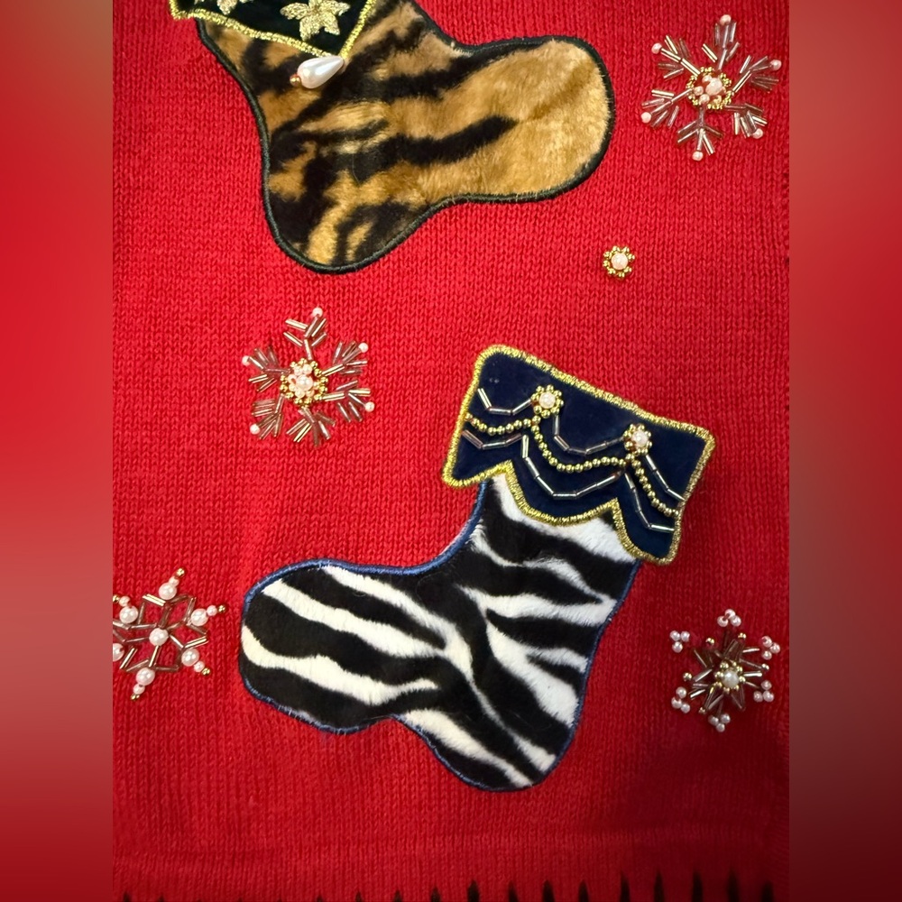 Vintage Nutcracker Christmas Cardigan Sweater Red Animal Print Stockings medium - Picture 12 of 16